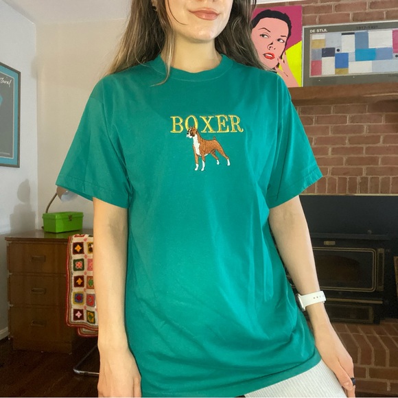 Vintage 90s Boxer Dog Mastiff German Tee Teal Embroidered Animal Pet Own… - Picture 3 of 11